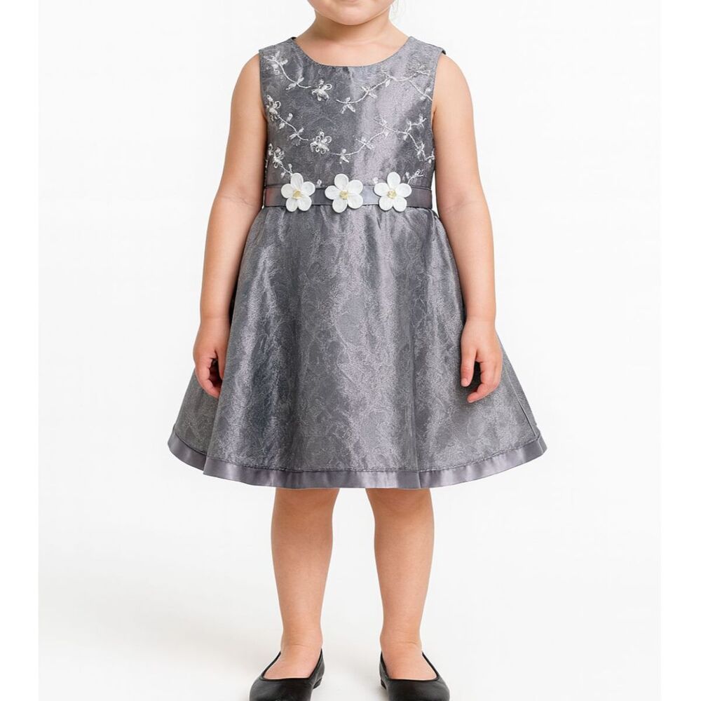 Bonnie Jean girls grey flower dress Size 4 spring sleeveless tie back zip
